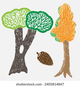 Fairytale trees in the style of stamp, linocut. Old illustrations, like from children's books. Vector.