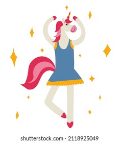 Baile de ballet de unicornio entre las estrellas. Ilustración vectorial