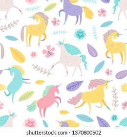 Fairytale unicorn with floral elements vector seamless pattern. Fairytale seamless pattern, cartoon unicorn background illustration