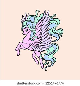 Fairytale unicorn, magical animal horse with wings for kids. The unicorn is fabulous. Print for t-shirt or sticker. Cute cartoon vector illustration with fantasy character. 