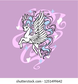 Fairytale unicorn, magical animal horse with wings for kids. The unicorn is fabulous. Cute cartoon vector illustration with fantasy character. Design for logo or children. Print for t-shirt or sticker