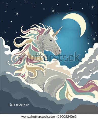 Fairytale unicorn with multi-colored mane and tail in fluffy clouds under the moon, Vector illustration, greeting card, Avatar