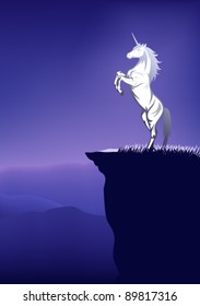 fairy-tale unicorn on the top of mountain against dark night sky