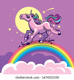 A fairy-tale unicorn runs through a magic rainbow.