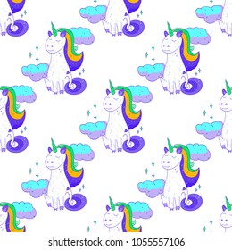 Fairytale unicorn seamless pattern. Cartoon style pattern design.