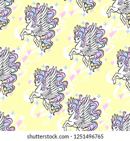 Fairytale unicorn seamless pattern. Dream symbol. Design for children. Isolated vector illustration. Magical animal horse with wings for kids. 