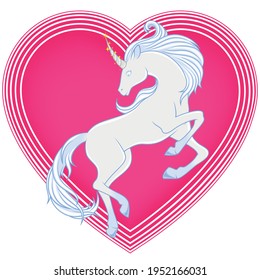 Fairytale unicorn vector design, cute magical creature, childish style unicorn with heart background
