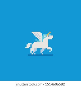 Fairytale unicorn with wings embroidery, running pegasus horse pixel art icon. Design for mosaic, mobile app, web, logo. Isolated vector illustration on blue background. Game assets 8-bit sprite.