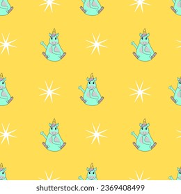 Fairytale unicorns and stars on a yellow background. Miracles, magic, children's fantasies. Vector seamless pattern. Background illustration, decorative design for fabric or paper. Ornament modern new