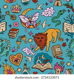 Fundo do vetor do conto de fadas. Leão e livros, personagens de contos de fadas. Design para adolescentes e crianças. Coração e magia. Padrão perfeito com tarô e astrologia.