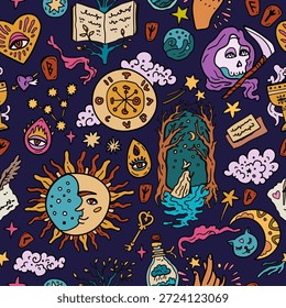 Märchenhafter Vektorhintergrund. Zauberer und Bücher, Märchenfiguren. Design für Teenager und Kinder. Herz und Magie. Nahtloses Muster mit Tarot und Astrologie.