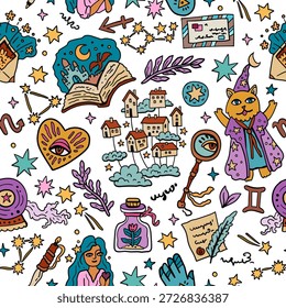 Märchenhafter Vektorhintergrund. Zauberer und Bücher, Märchenfiguren. Design für Teenager und Kinder. Herz und Magie. Nahtloses Muster mit Tarot und Astrologie.