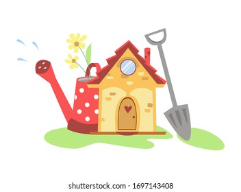 Fairytale vector house with a tool for the garden with a watering can and a shovel