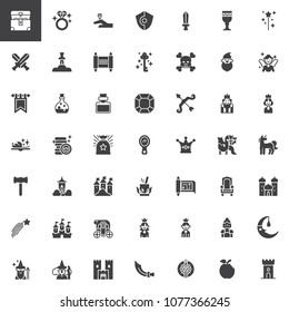 Fairytale vector icons set, modern solid symbol collection, filled style pictogram pack. Signs, logo illustration. Set includes icons as Treasure, Diamond, Shield, Sword, Excalibur, Letter, Key, Magic