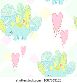 fairy-tale vector seamless pattern with cartoon pastel rhombuses, dinosaurs, leaves, hearts
