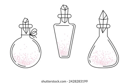 Fairytale vials and bottles. Set, collection of vintage bottles with magic potion. Decorative stars with sparkling glitters. Poison or elixir. Premium shiny magic liquid potion bottle