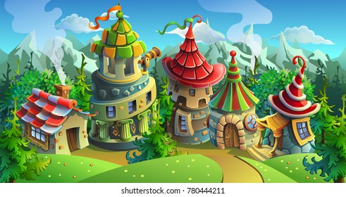 A fairytale village with bright houses and castles. Vector illustration for design background. Panorama.