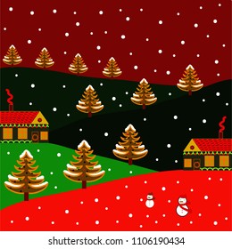 A fairytale village with bright houses and trees, hills, mountans, snowman. Panorama on red, black and gray colors. Vector illustration. For design background.