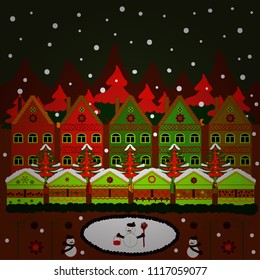 A fairytale village with bright houses and trees, hills, mountans, snowman. Panorama on gray, red and brown colors. Vector illustration. For design background.