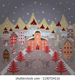 A fairytale village with bright houses and trees, hills, mountans, snowman. For design background. Vector illustration. Panorama on gray, neutral and beige colors.