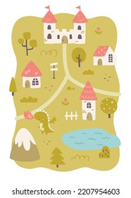 Fairytale village cute map with castle and dragon. Medieval cartoon map print for baby girls carpet.	
