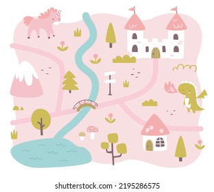 Fairytale village cute pink map with unicorn and dragon. Medieval cartoon map print for baby girls carpet.