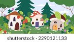Fairytale village in forest. Fantasy city with mushroom houses on meadow with flowers, wood and grass. Dwarf or fairy building racy vector background