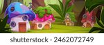 Fairytale village in forest landscape with tiny elf or animal houses made from mushrooms with doors and windows. Cartoon vector summer fantasy garden scene with fairy gnome or hobbit cottages.