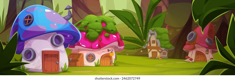 Fairytale village in forest landscape with tiny elf or animal houses made from mushrooms with doors and windows. Cartoon vector summer fantasy garden scene with fairy gnome or hobbit cottages.