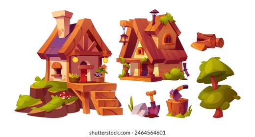 Fairytale village houses and landscape elements. Cartoon vector illustration set of cute fantasy fairy medieval cottages made from stone and wood, tree and log for creation of country rural scenery.