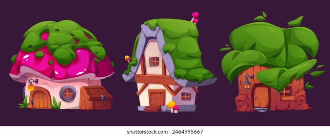 Fairytale village houses made from mushroom, tree stump, plants and moss. Cartoon vector illustration set of elf or animal tiny fantasy home building. Magic fairy gnome cottage with door and windows.