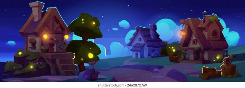 Aldea de cuento de hadas con casas, árboles y Elementos rurales por la noche. Vector de dibujos animados oscuro crepúsculo lindo fantasía hada paisaje de granja medieval con casas de piedra y madera, árboles y linternas.