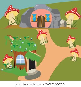 Fairytale village made of two magical houses; landscape with two buildings for children 