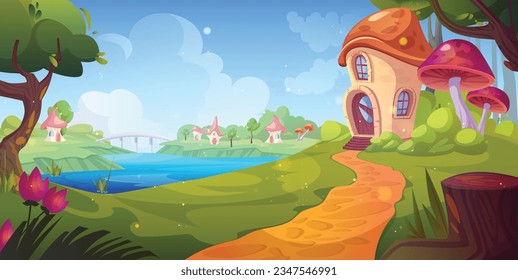 Fairytale village with mushroom houses on green forest glade. Vector cartoon illustration of footpath running to fantasy dwarf huts with doors and windows, bridge across river, clouds in blue sky