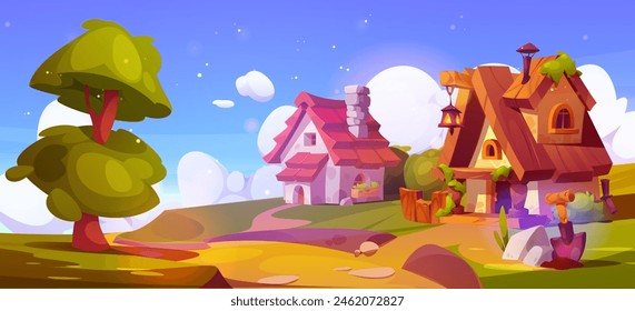 Fairytale village street on green summer landscape. Vector cartoon illustration of small gnome houses with chimneys, windows and lanterns, green lawn, old tree and green bushes, clouds in blue sky