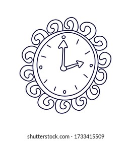 Reloj de pared de cuento de hadas decorado con rizos en estilo doodle. Ilustración vectorial dibujada a mano en tinta negra aislada en fondo blanco.  Ideal para colorear un libro.