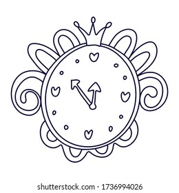 Reloj de pared de cuento de hadas decorado con rizos y corona en estilo doodle. Ilustración vectorial dibujada a mano en tinta negra aislada en fondo blanco.  Ideal para colorear un libro.