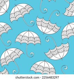 Fairytale Weather Forecast Seamless Pattern. Endless Texture with Dreaming Umbrellas. Noncolored Fantasy Cartoon Design on Turquoise Blue Background. Vector Contour Illustration