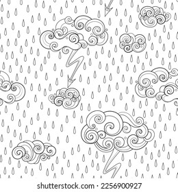 Fairytale Weather Forecast Seamless Pattern. Endless Texture with Thunderstorm. Fantasy Cartoon Design. Vector Contour Illustration. Coloring Book Page