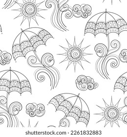 Fairytale Weather Forecast Seamless Pattern. Endless Texture with Windy Summer Day and Umbrellas. Fantasy Cartoon Design. Vector Contour Illustration. Coloring Book Page