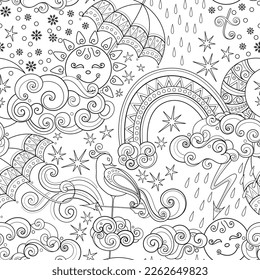 Fairytale Weather Forecast Seamless Pattern. Endless Texture with Sun, Moon, Rainbow, Clouds, Umbrellas etc. Fantasy Cartoon Design. Vector Contour Illustration. Coloring Book Page