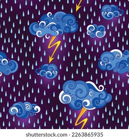 Fairytale Wettervorhersage Nahtlose Muster. Endlose Textur mit Gewitter. Fantasy Cartoon Design auf dunklem Hintergrund. VektorContour-Illustration. Abstrakte Kunst