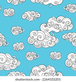 Fairytale Weather Forecast Seamless Pattern. Endless Texture with Cloudy Sky. Noncolored Fantasy Cartoon Design on Turquoise Blue Background. Vector Contour Illustration 