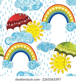 Fairytale Wettervorhersage Nahtlose Muster. Endlose Textur mit Regentag, Lächeln Sonnen und Regenbogen. Fantasy Cartoon Design auf weißem Hintergrund. VektorContour-Illustration. Abstrakte Kunst