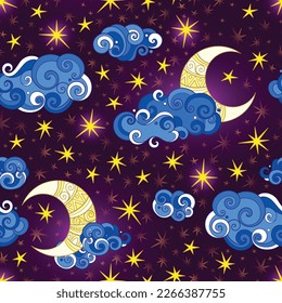 Fairytale Weather Forecast Seamless Pattern. Endless Texture with Starlight Sky. Fantasy Cartoon Design on Dark Background. Vector Contour Illustration. Abstract Art