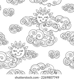 Fairytale Weather Forecast Seamless Pattern. Endless Texture with Cloudy Day. Fantasy Cartoon Design. Vector Contour Illustration. Coloring Book Page