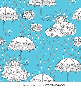 Fairytale Weather Forecast Seamless Pattern. Endless Texture with Rainy Day, Clouds and Umbrellas. Noncolored Fantasy Cartoon Design on Turquoise Blue Background. Vector Contour Illustration 