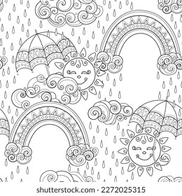 El Fairytale El Clima Prevé Un Patrón Sin Maravillas. Textura sin fin con el Día de la Lluvia, Suns sonrientes y Arcoiris. Diseño de caricaturas de fantasía. Ilustración del contorno vectorial. Página Libro de Coloración