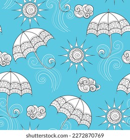 Fairytale Weather Forecast Seamless Pattern. Endless Texture with Windy Summer Day and Umbrellas. Noncolored Fantasy Cartoon Design on Turquoise Blue Background. Vector Contour Illustration