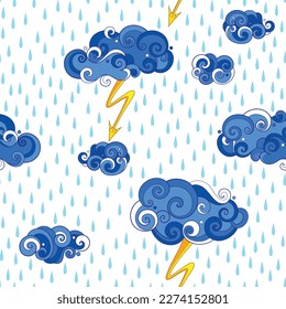 Fairytale Weather Forecast Seamless Pattern. Endless Texture with Thunderstorm. Fantasy Cartoon Design on White Background. Vector Contour Illustration. Abstract Art